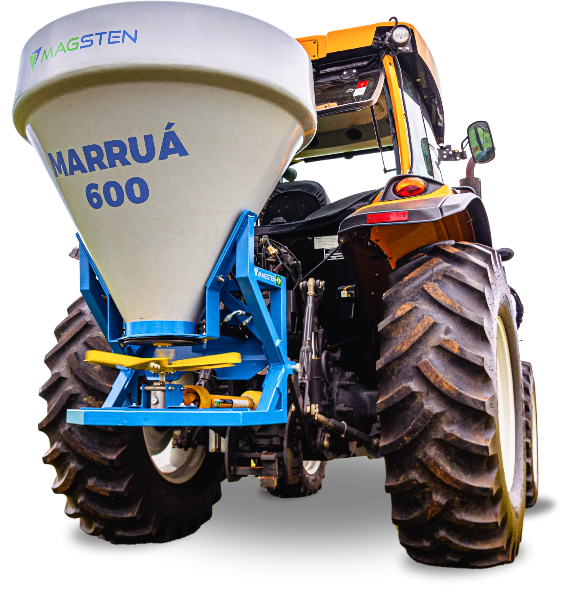 Trator laranja equipado com o distribuidor centrífugo Marruá 600